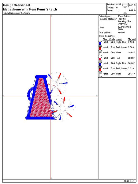 Megaphone with Pom Poms Fill Sketch Embroidery Design