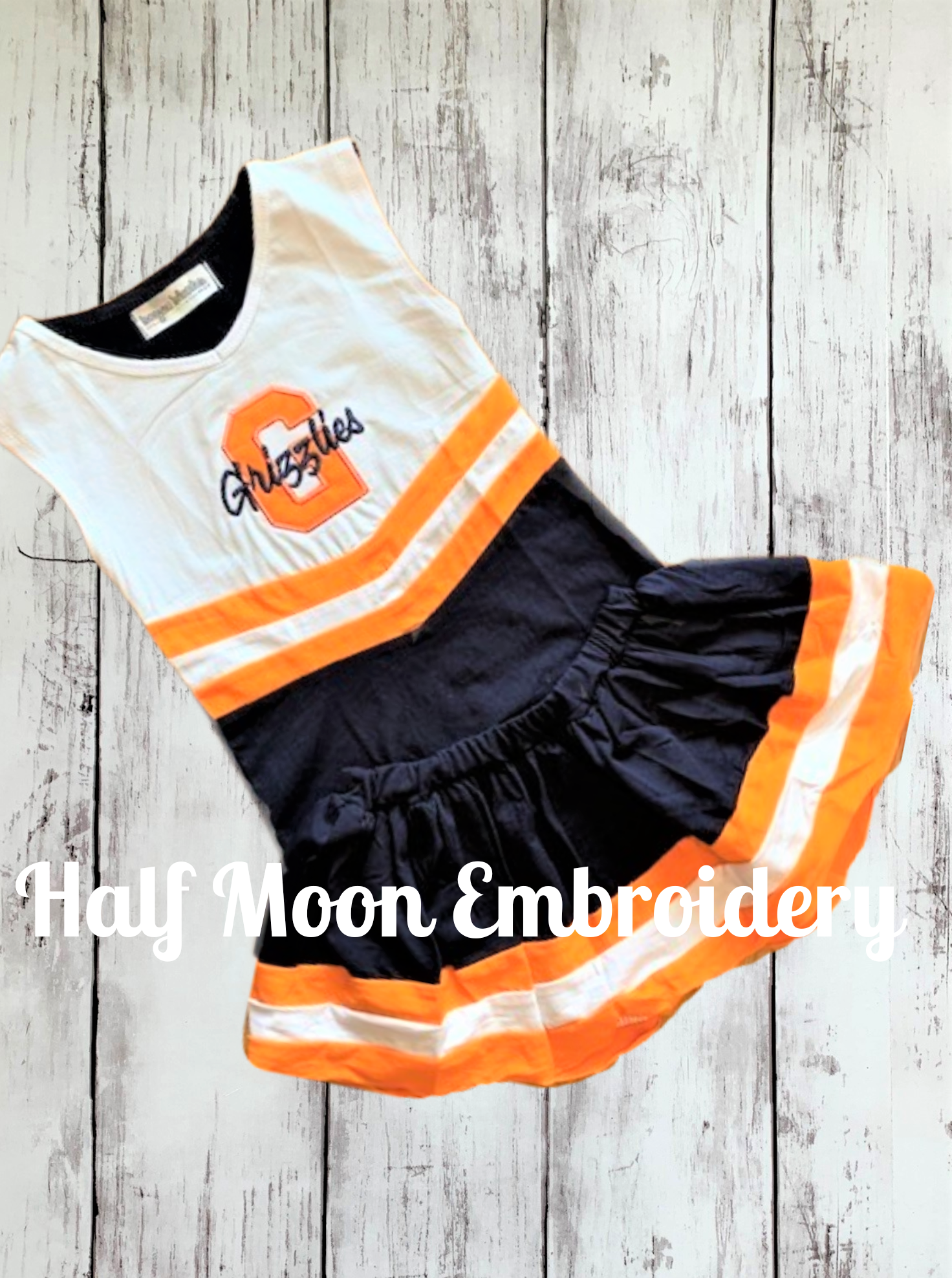 Half Moon Embroidery - Personalized Blue, Gold and White Cheer Uniform