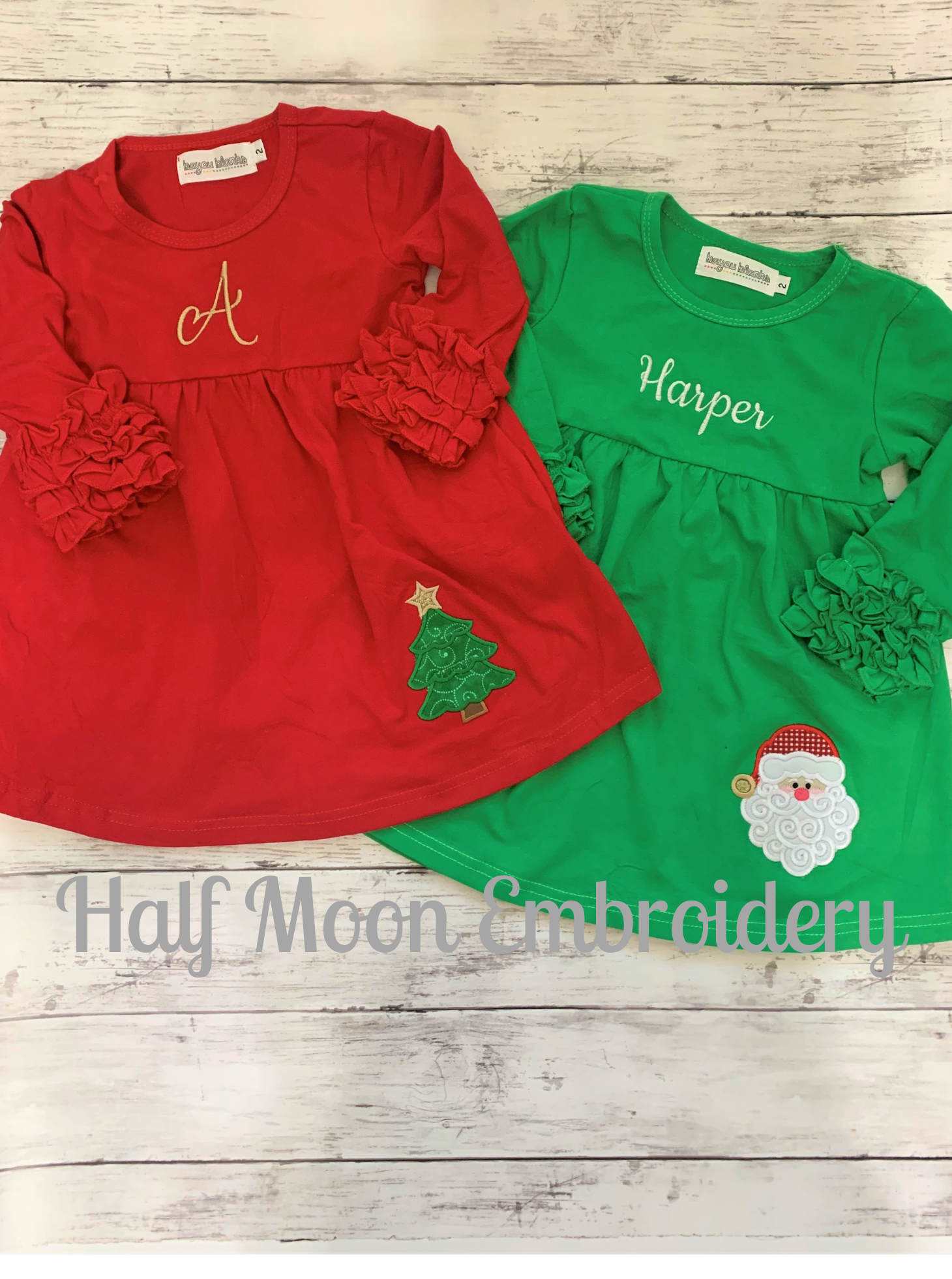 Personalized Christmas Dress for Girls | Personalized Girls Christmas Dress Half Moon Embroidery Personalized Christmas Dress for Girls | Personalized Girls Christmas Dress Half Moon Embroidery