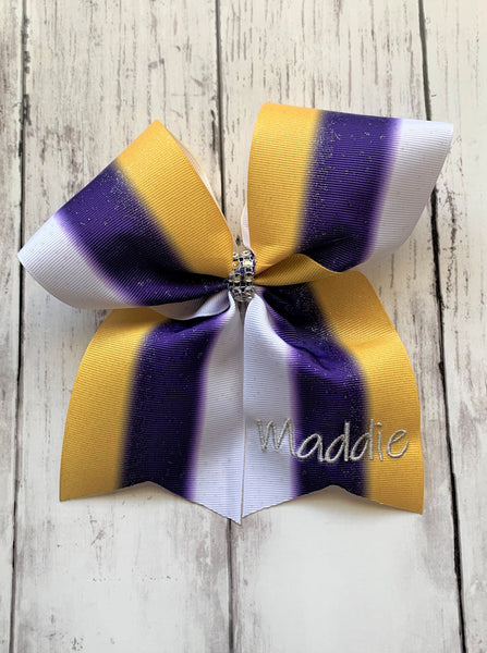 Personalized Purple Gold White Glitter Cheer Bow