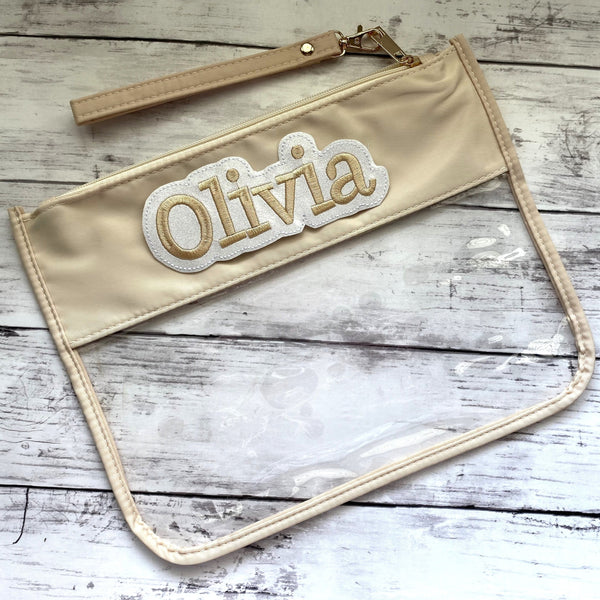 Personalized Beige Clear Zipper Pouch