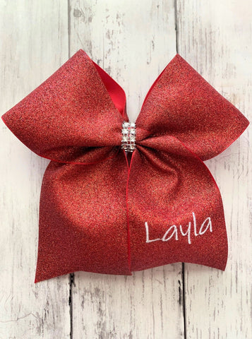 Personalized Red Glitter Cheer Bow