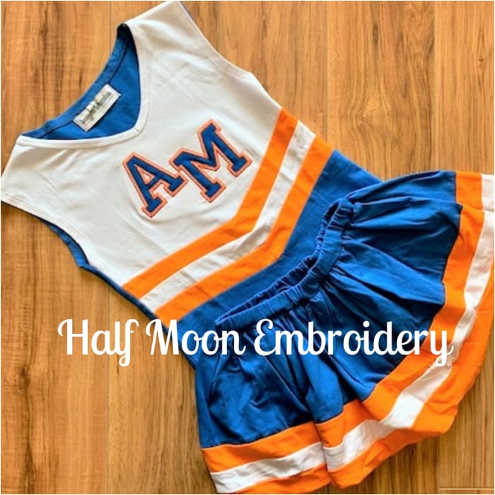 Half Moon Embroidery - Personalized Blue, Orange and White Cheer Uniform Half Moon Embroidery - Personalized Blue, Orange and White Cheer Uniform