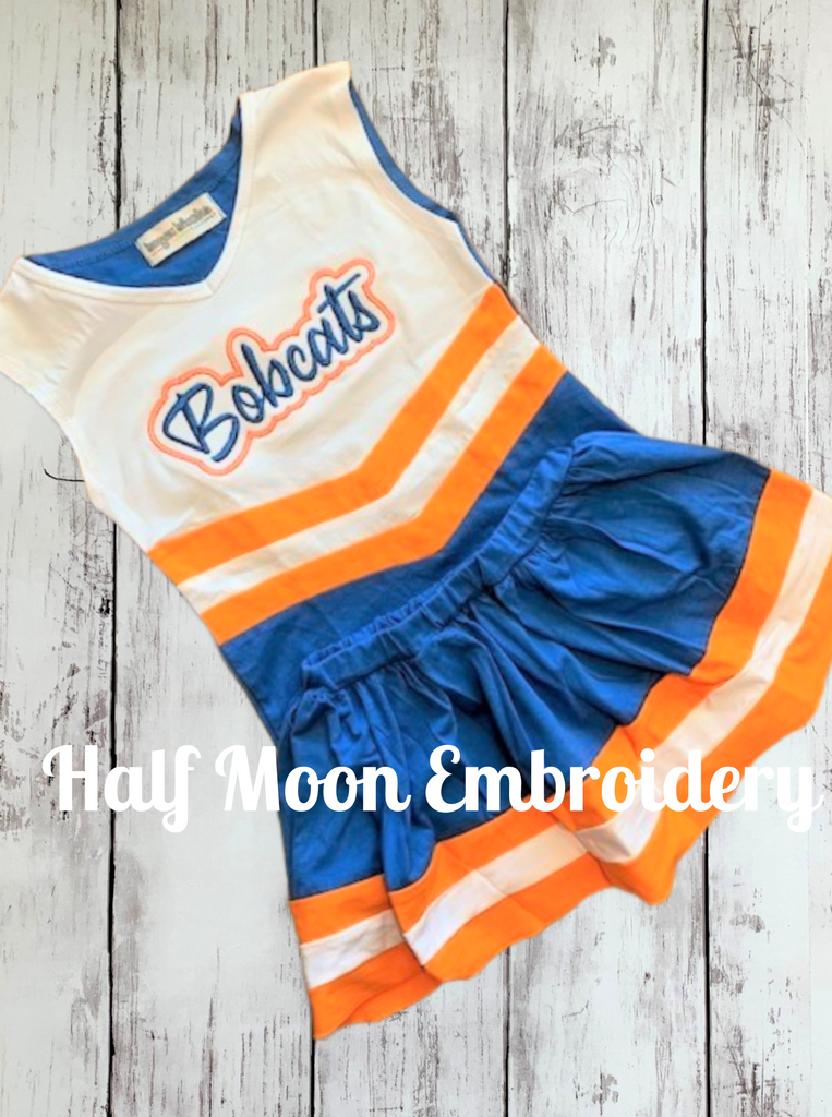 Half Moon Embroidery - Personalized Blue, Orange and White Cheer Uniform Half Moon Embroidery - Personalized Blue, Orange and White Cheer Uniform