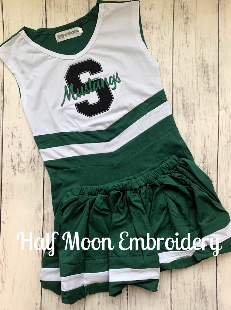 Half Moon Embroidery - Personalized Green and White Cheer Uniform Half Moon Embroidery - Personalized Green and White Cheer Uniform