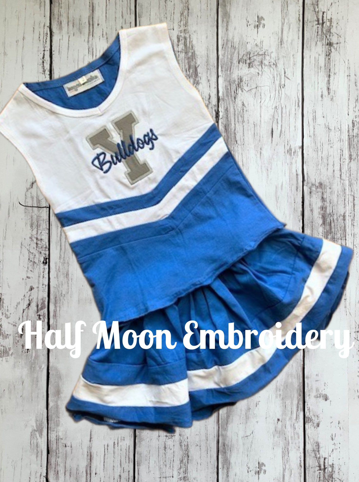 Half Moon Embroidery - Personalized Blue, Gold and White Cheer Uniform