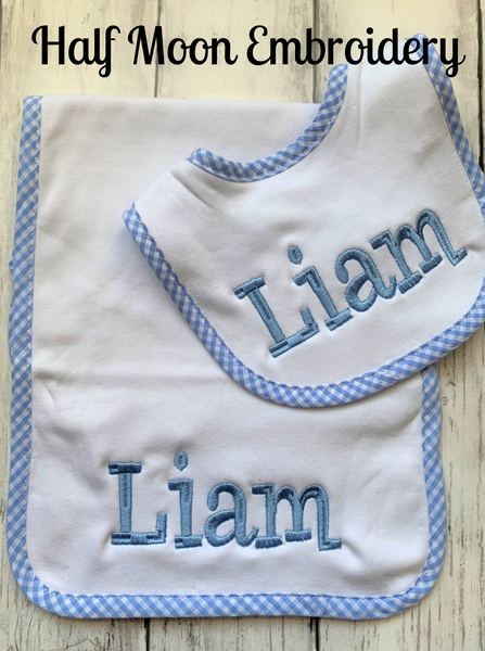 Blue Gingham Baby Bib & Burp Cloth Set