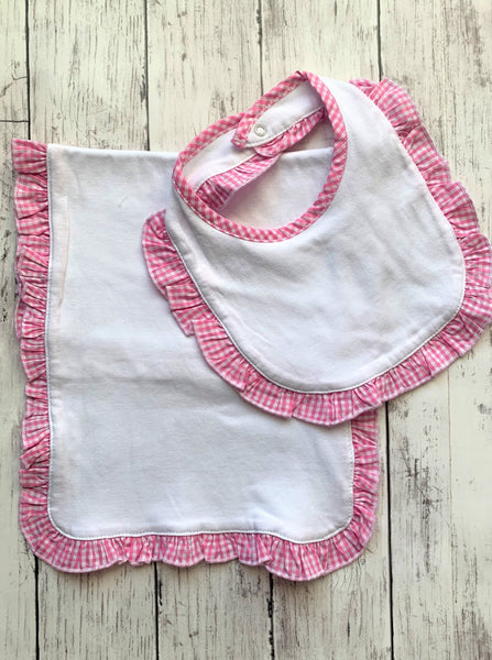 Personalized Pink Gingham Baby Bib & Burp Cloth Set