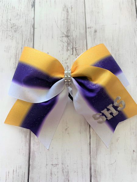 Personalized Purple Gold White Glitter Cheer Bow