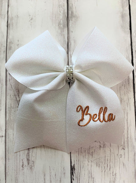 Personalized White Glitter Cheer Bow